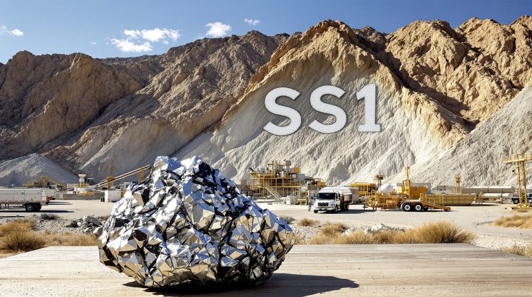 Sun Silver Ltd-SS1-SS1 metallic sculpture in rocky landscape.