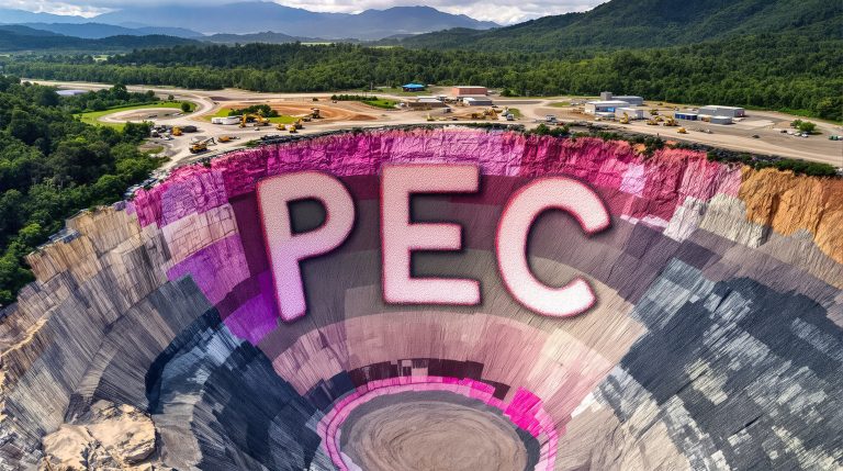 Perpetual Resources Ltd-PEC-PEC letters on colorful quarry landscape.