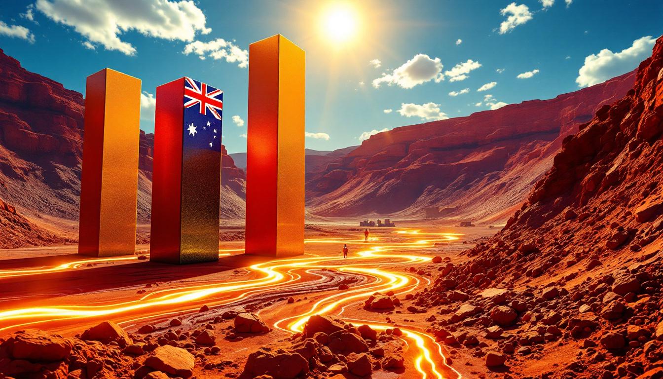 Golden monoliths under sunlit red desert.