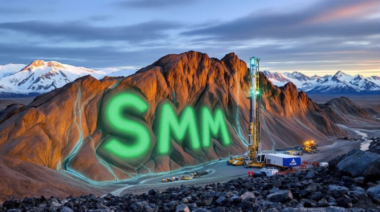 Somerset Minerals Ltd-SMM-SMM letters illuminated on rocky mountain.