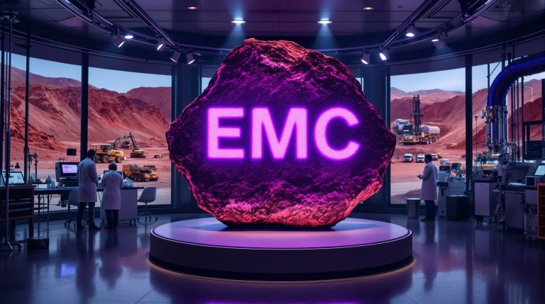Everest Metals Corporation Ltd-EMC-EMC glowing rock in futuristic laboratory.