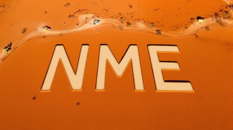 NEX Metals Exploration Ltd-NME-NME logo carved into desert landscape.