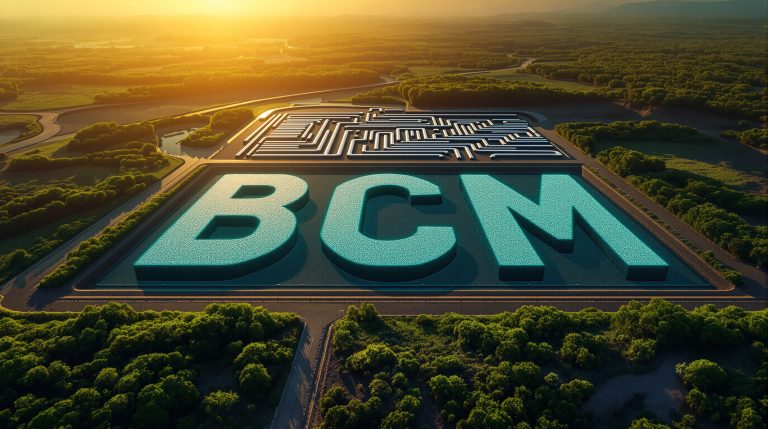 Brazilian Critical Minerals Ltd-BCM-BCM letters and maze landscape at sunset.