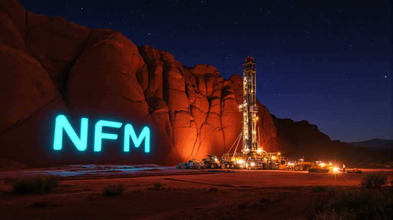 New Frontier Minerals Ltd-NFM-NFM logo illuminated on desert rock formation.