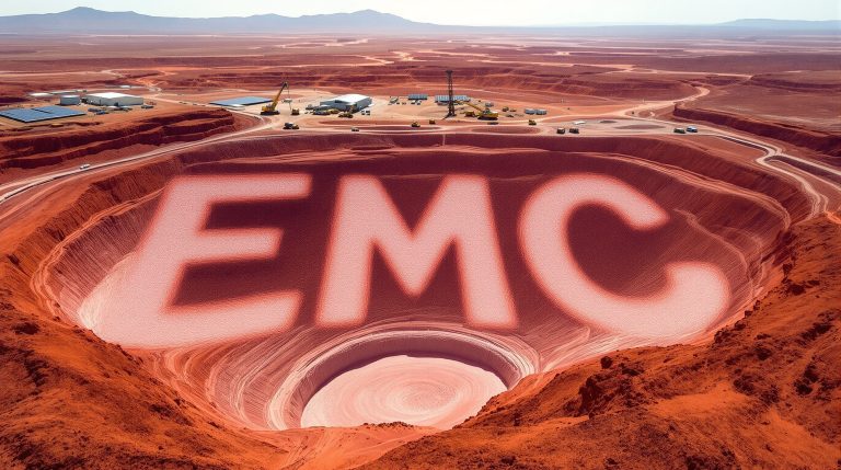 Everest Metals Corporation Ltd-EMC-EMC logo over large desert excavation.