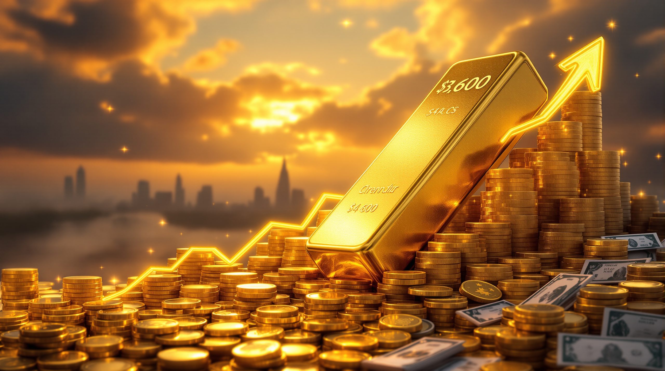 Skyline backdrop with rising gold price.