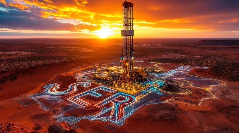 Strategic Energy Resources Ltd-SER-Sunset over futuristic desert drilling rig.
