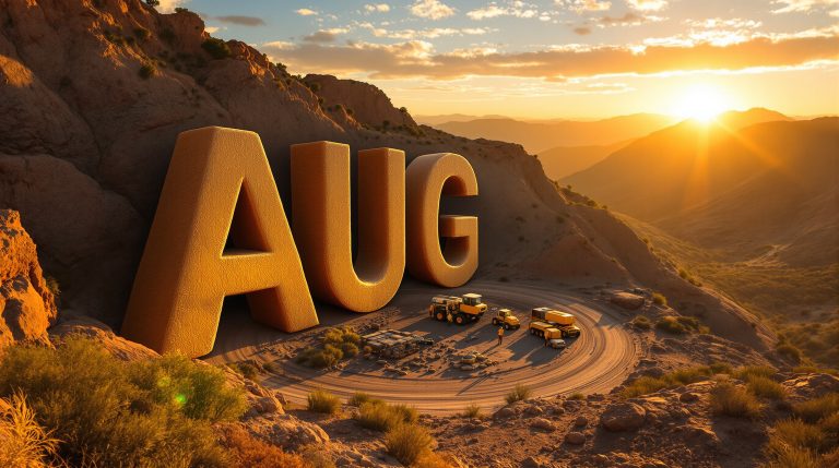Augustus Minerals Ltd-AUG-AUG letters in desert landscape at sunset.
