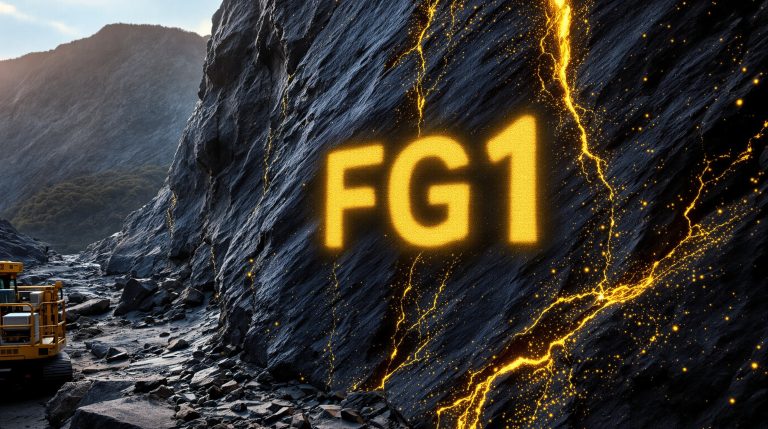FLYNN Gold Ltd-FG1-FG1 glowing letters on rocky terrain.