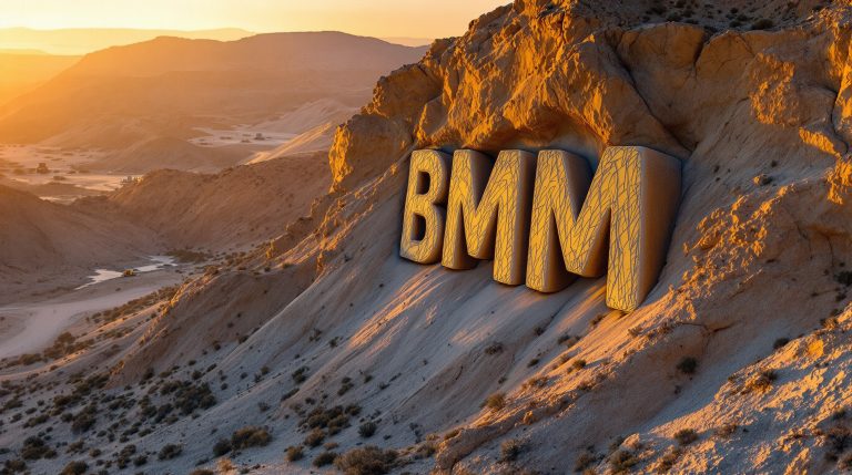 Bayan Mining and Minerals Ltd-BMM-BMM letters on sunlit desert cliff.