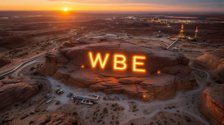 Whitebark Energy Ltd-WBE-WBE sign glowing in desert sunset.