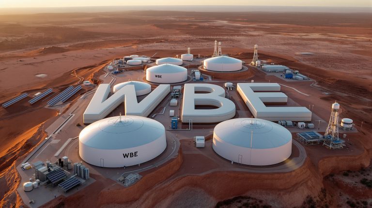 Whitebark Energy Ltd-WBE-WBE futuristic facility in desert landscape.