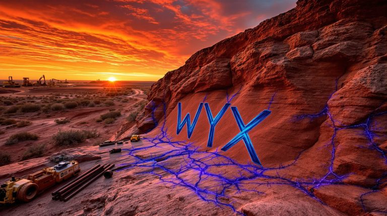 Western Yilgarn NL-WYX-WYX logo glowing on vibrant desert landscape.