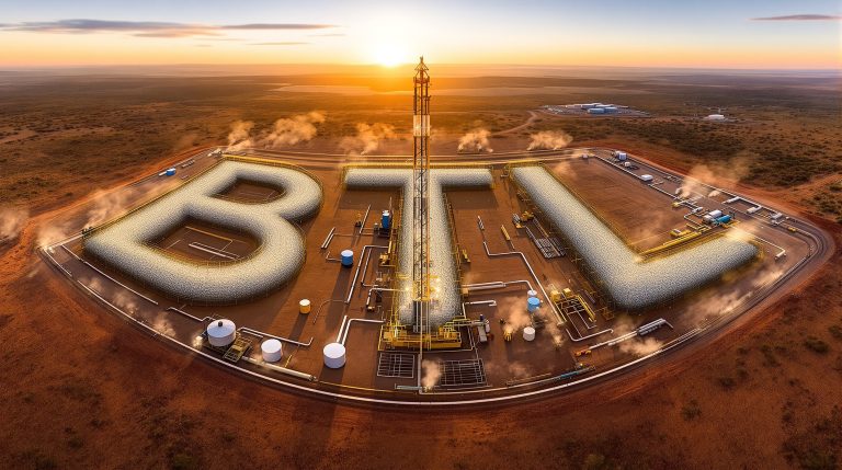 Beetaloo Energy Australia Ltd-BTL-BTL facility at sunrise, remote desert.