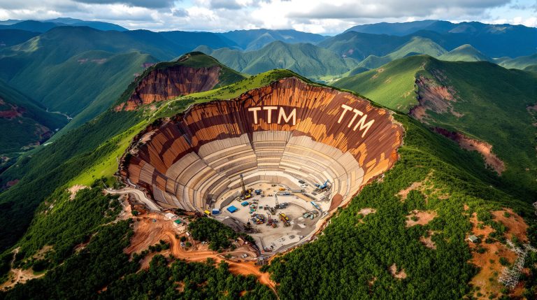 Titan Minerals Ltd-TTM-Gigantic open-pit mine surrounded by mountains.