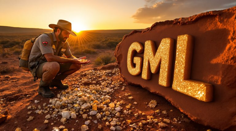 Gateway Mining Ltd-GML-GML explorer examines golden rocks at sunset.