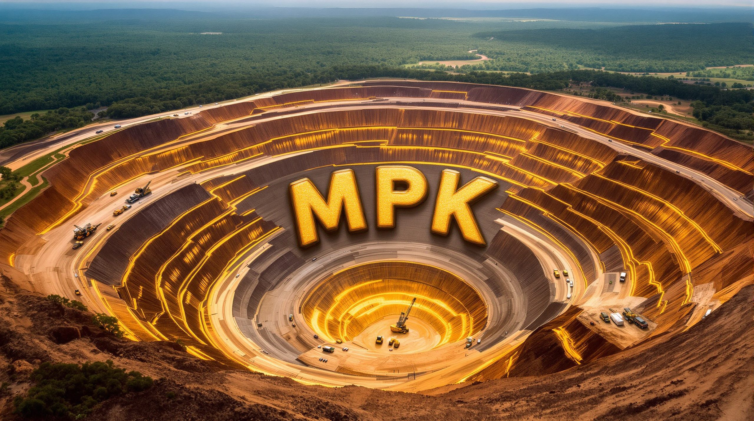Many Peaks Minerals Ltd-MPK-MPK logo over illuminated underground mine.