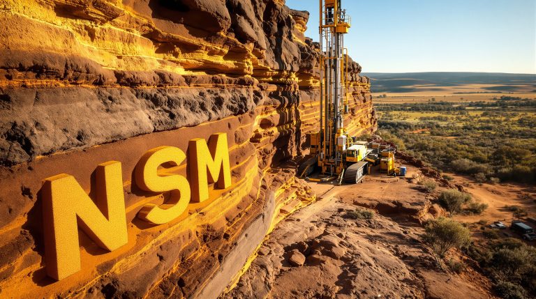 North Stawell Minerals Ltd-NSM-NSM drilling rig against rocky landscape.