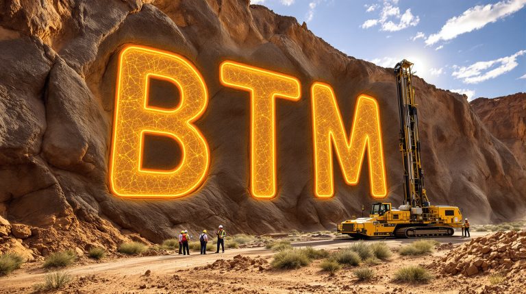 Breakthrough Minerals Ltd-BTM-BTM glowing letters carved into cliff.