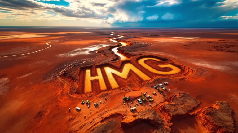 Hamelin Gold Ltd-HMG-HMG letters in vibrant desert landscape.