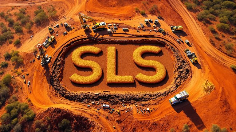 Solstice Minerals Ltd-SLS-SLS letters sculpted in desert landscape.