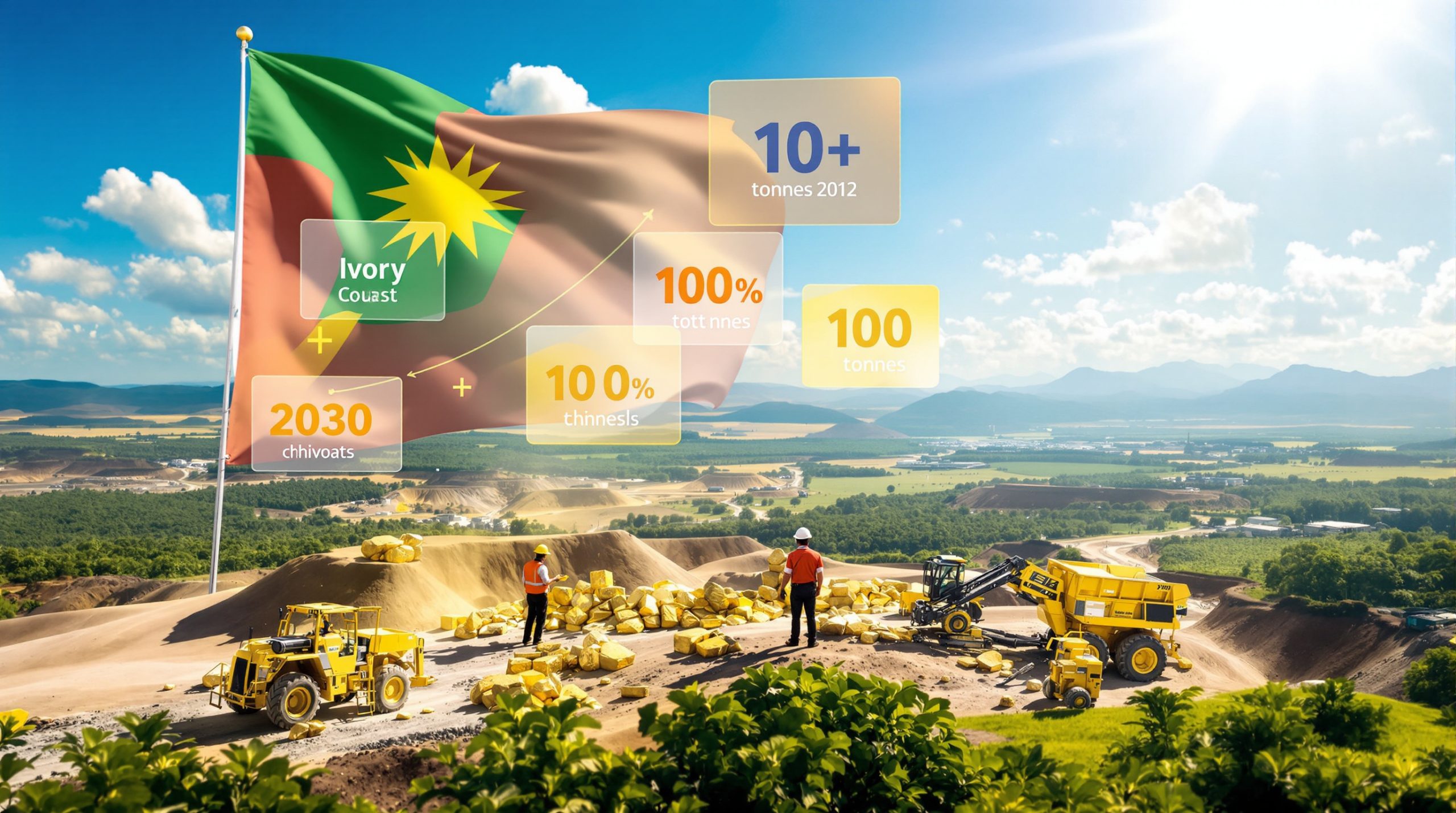 Ivory Coast mining permits with machinery and landscape.
