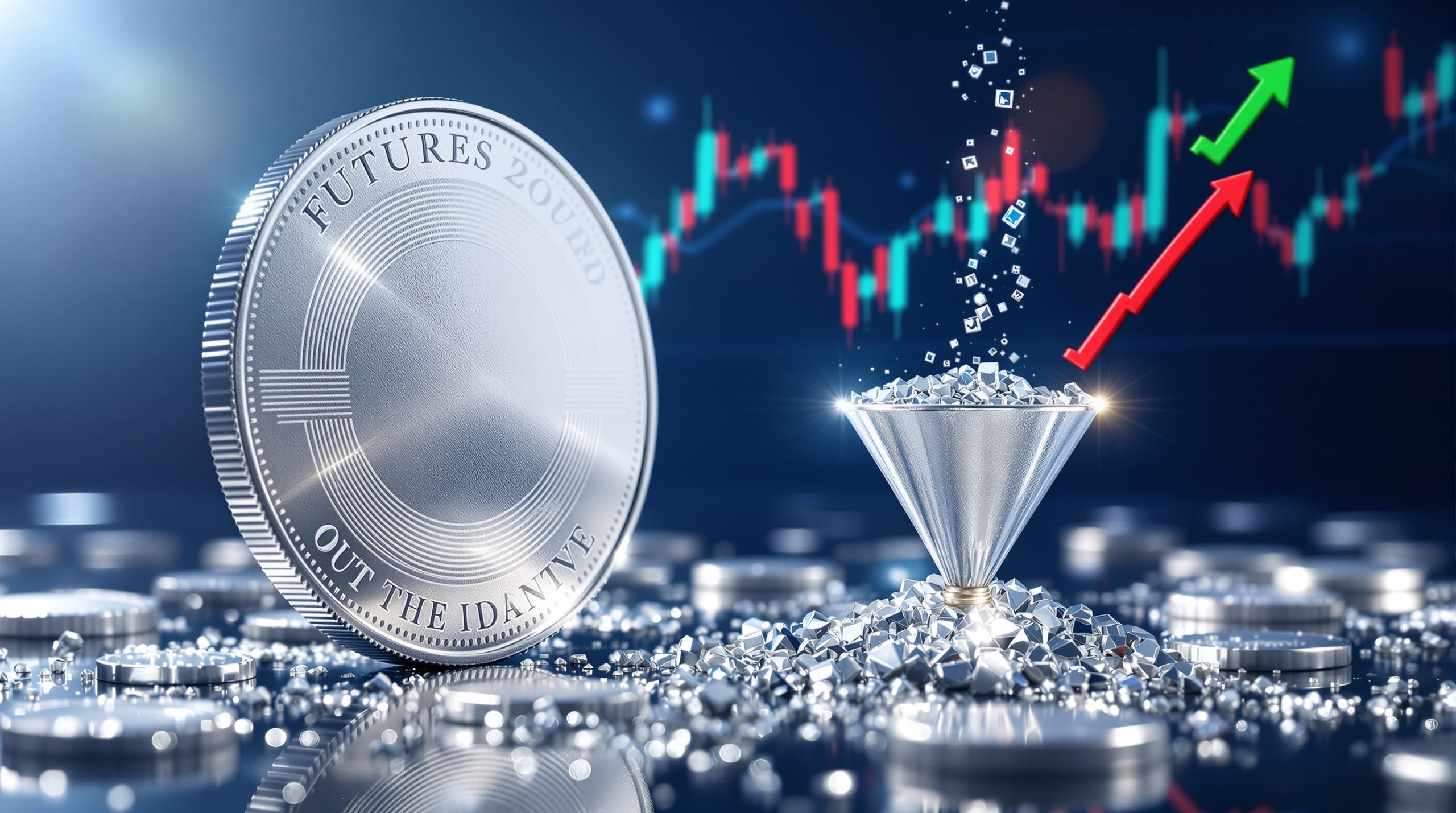 Silver backwardation concept with coins and graph.