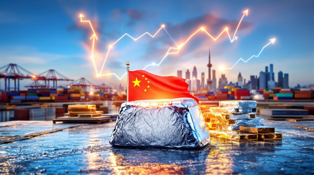 China plans zinc exports, city skyline background.