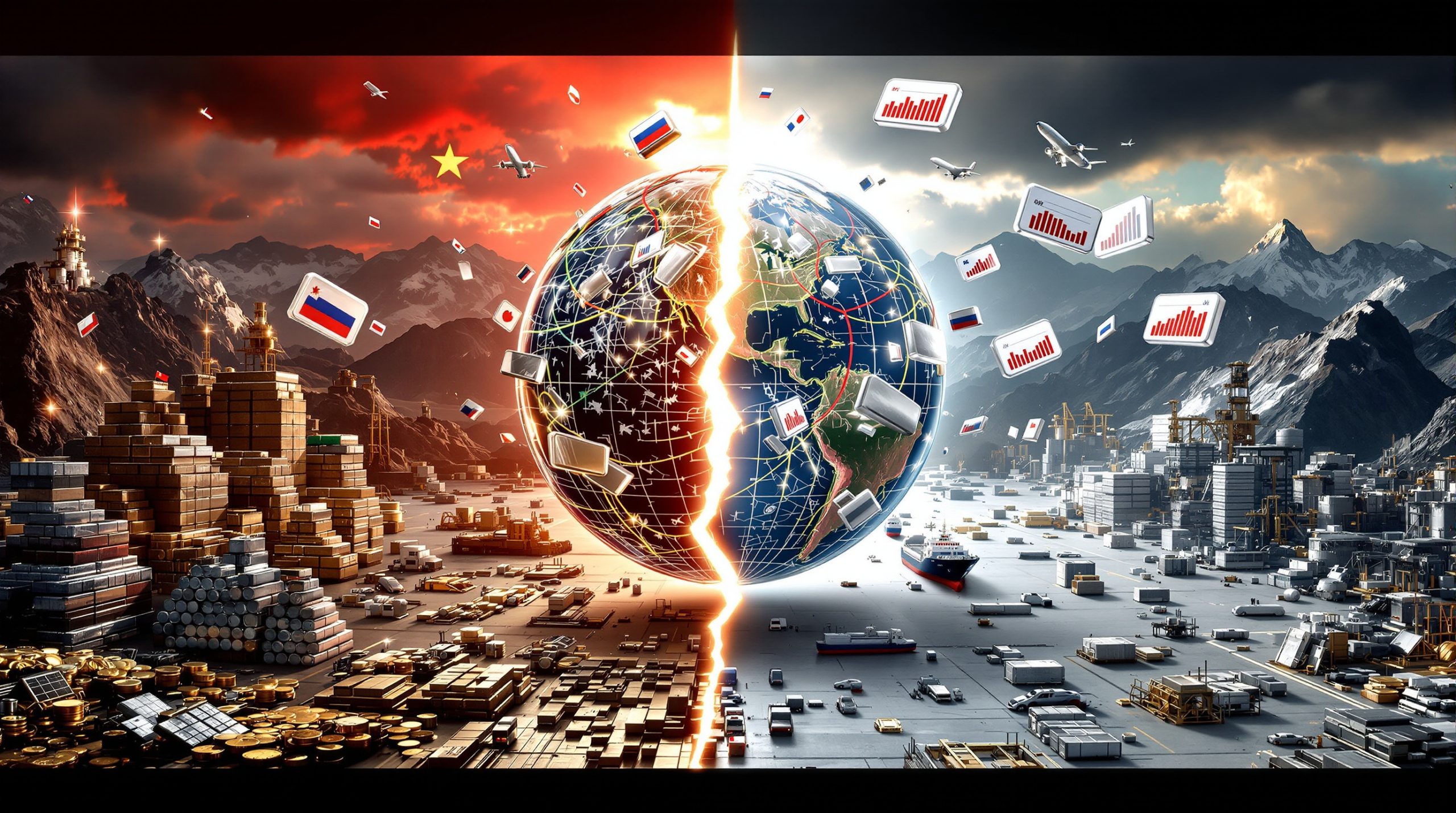 Split world illustrating geopolitical impact on silver supply shortage.