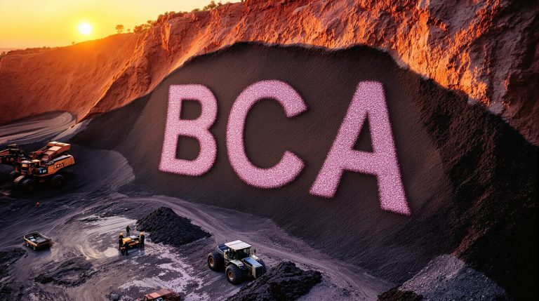 Black Canyon Ltd-BCA-BCA logo on mining site at sunset.