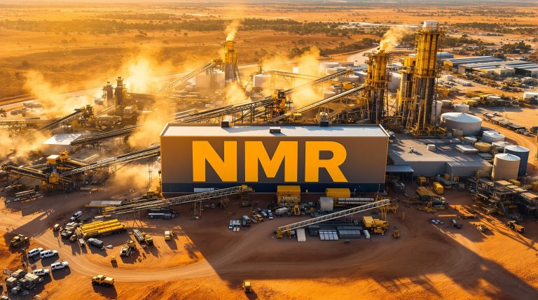 Native Mineral Resources Holdings Ltd-NMR-NMR facility amid industrial landscape, sunset.