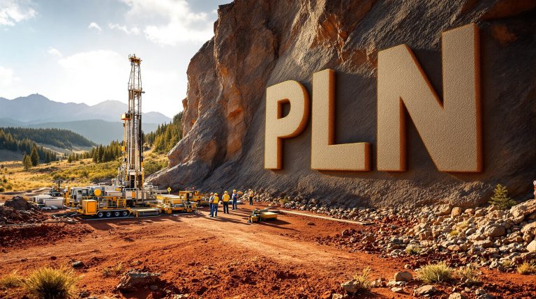 Pioneer Lithium Ltd-PLN-PLN logo with drilling equipment and workers.