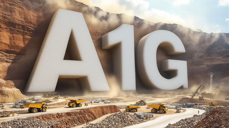 African Gold Ltd-A1G-A1G letters dominate construction site panorama.