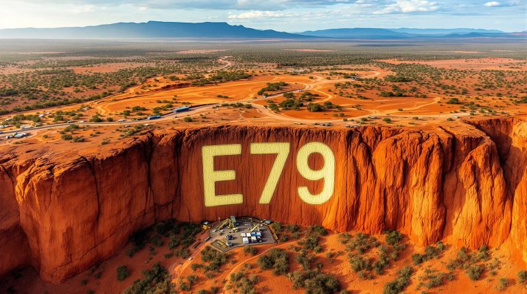 E79 Gold Mines Ltd-E79-E79 carved into desert cliff landscape.