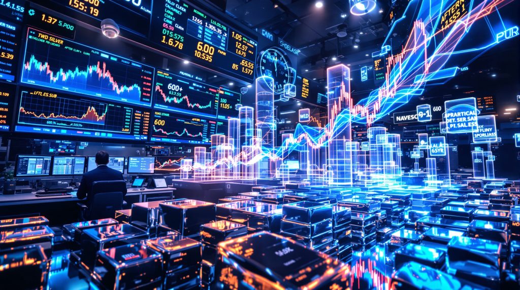 Futuristic trading room depicting silver market manipulation.