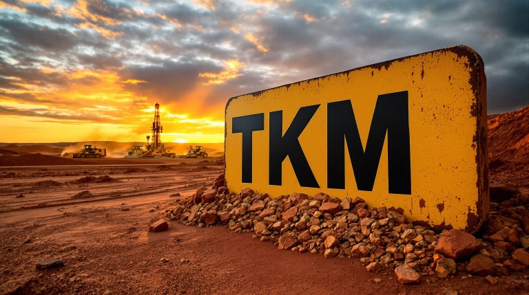 Trek Metals Ltd Chess Depositary Interests 1:1-TKM-TKM sign with mining machinery at sunset.