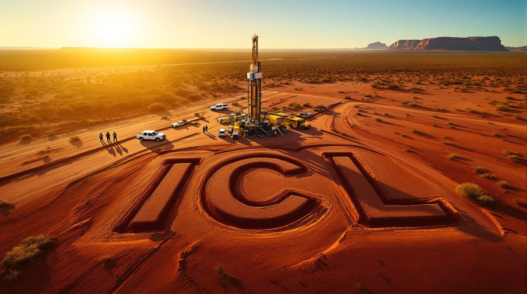 Iceni Gold Ltd-ICL-ICL drilling site in desert landscape.