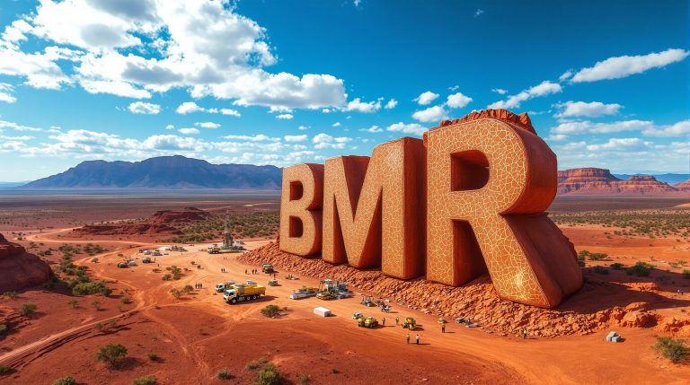 Ballymore Resources Ltd-BMR-Giant 'BMR' letters in desert landscape.