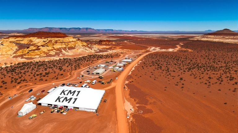 Kali Metals Ltd-KM1-Desert basecamp with tents and vehicles.