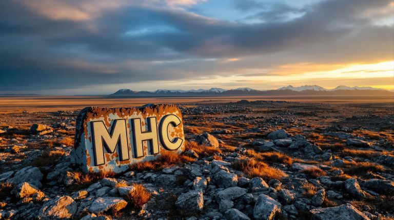 Manhattan Corporation Ltd-MHC-MHC sign in rocky landscape at sunset.