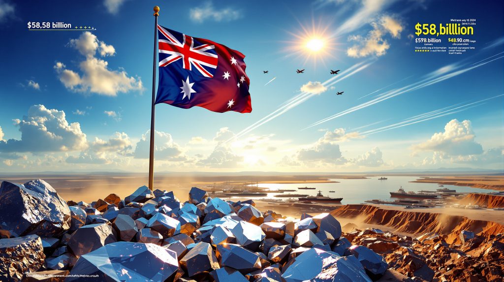 Australian flag, mining, and military over landscape.