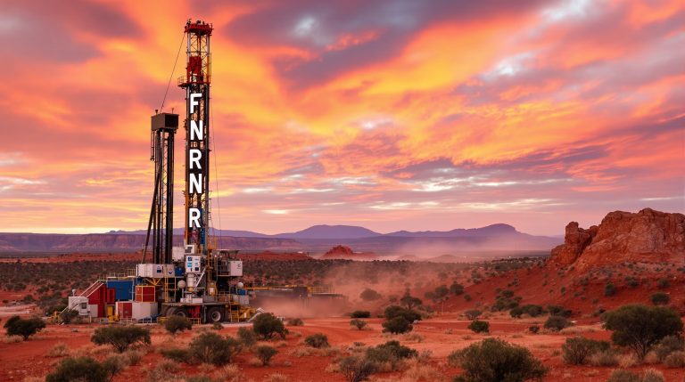 Far Northern Resources Ltd-FNR-Oil rig at vibrant desert sunset.