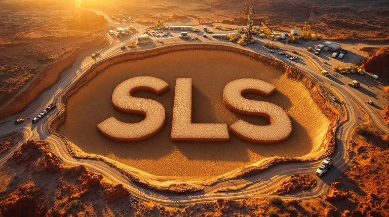 Solstice Minerals Ltd-SLS-SLS logo carved in desert landscape.