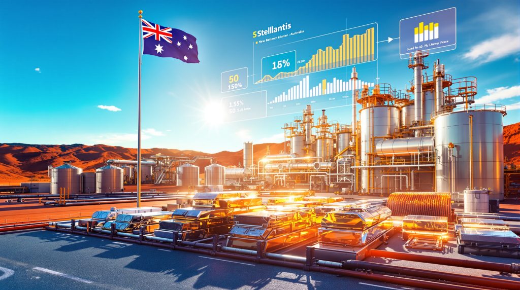 Industrial site under Australian flag, graphs indicating data.