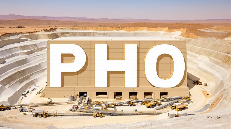 Phosco Ltd-PHO-Desert phosphorus mine with massive letters.