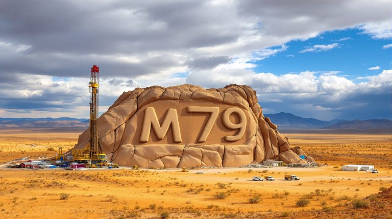 Mammoth Minerals Ltd-M79-M79 desert landscape with drilling rig.
