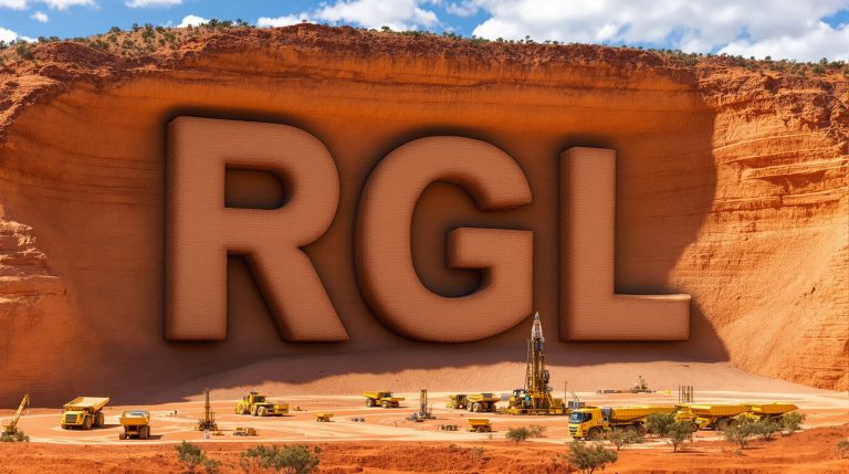 Riversgold Ltd-RGL-RGL letters carved in desert canyon.
