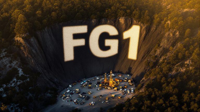 FLYNN Gold Ltd-FG1-FG1 logo above forest excavation site.