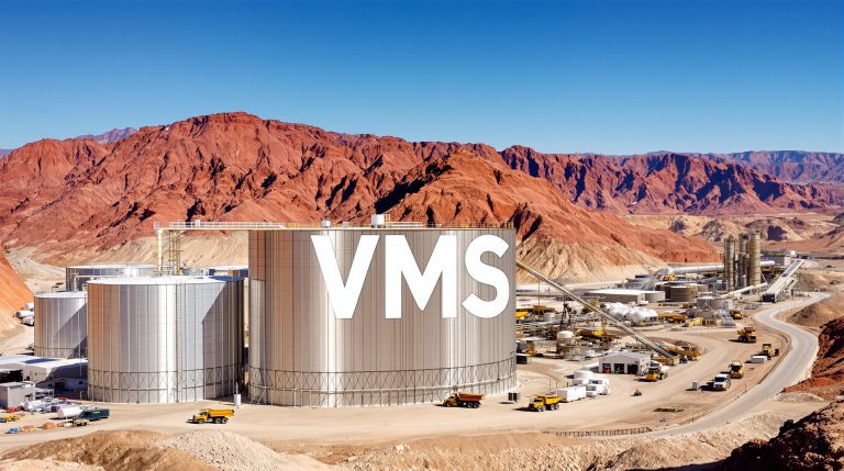 Venari Minerals NL-VMS-VMS facility in desert landscape, mountains.