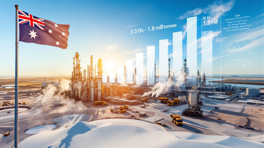 Australian refinery with production graphs and flag.